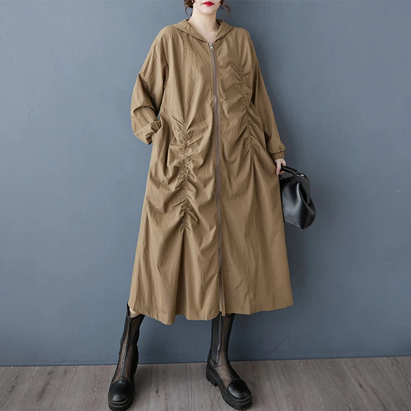 XITAO Zipper Hooded Pleated Dress Casual Full Sleeve Leisure Korea Literary Style Solid Color A-line Spring Women Dress ZY8936