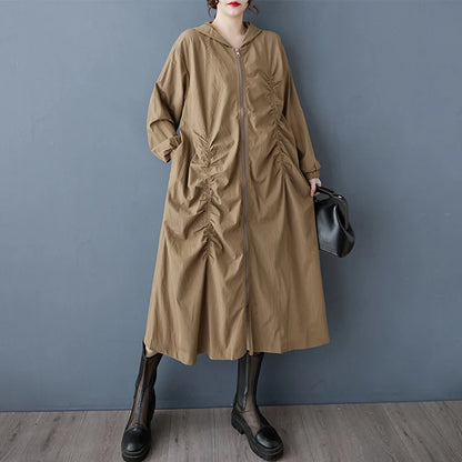 XITAO Zipper Hooded Pleated Dress Casual Full Sleeve Leisure Korea Literary Style Solid Color A-line Spring Women Dress ZY8936