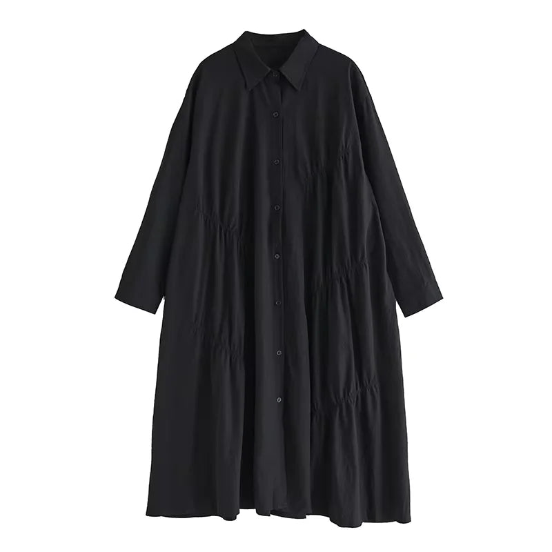 XITAO Pleated Lapel Single Breasted Dress Casual Loose Solid Color Full Sleeve Turn-down Collar Spring Women Dress GYX1582