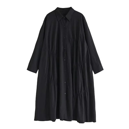 XITAO Pleated Lapel Single Breasted Dress Casual Loose Solid Color Full Sleeve Turn-down Collar Spring Women Dress GYX1582