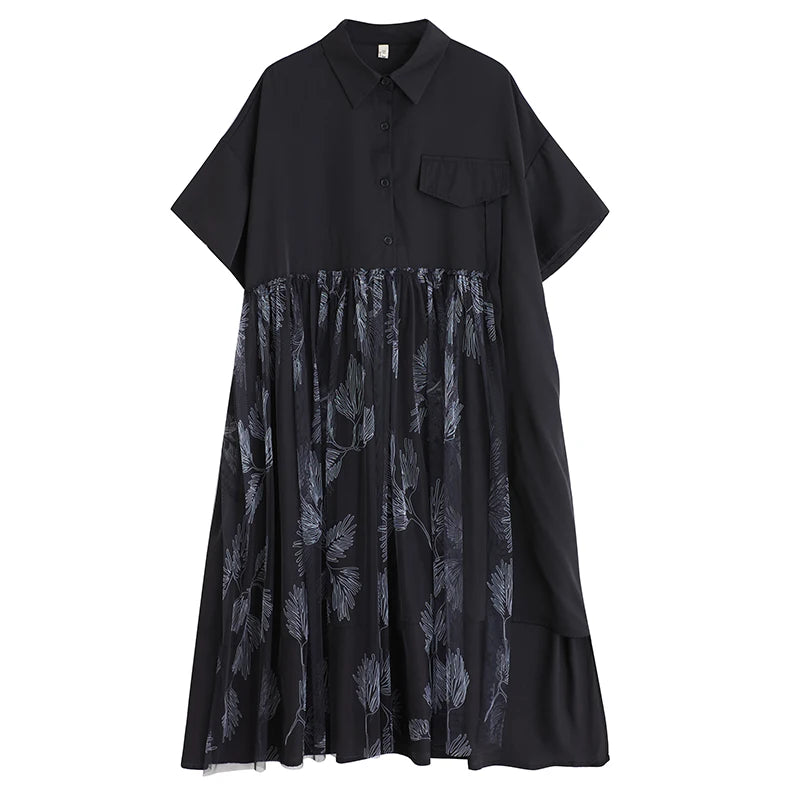XITAO Patchwork Mesh Single Breasted Dress Casual Loose Fitting Short Sleeve Turn-down Collar New Arrival Female Dress GYX1630