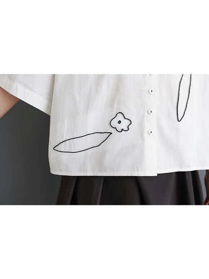 XITAO Embroidery Floral Single Breasted Women Shirt Solid Color Turn-down Collar Short Sleeve Shirt 2024 Summer Vintage HQQ2387