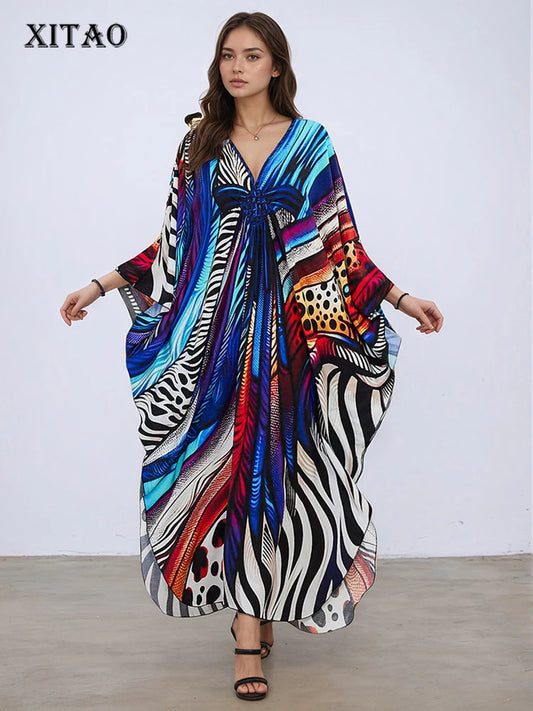 XITAO Contrast Color Print Batwing Sleeve Female Dress Pullover V-neck Loose Slim Temperament Summer Women Casual Dress GJ1145