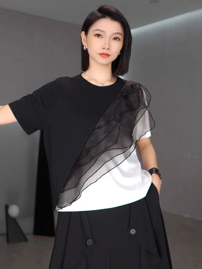 XITAO Gauze Patchwork Contrast Color T-Shirt O-neck Short Sleeve Loose All-match Personality Summer Woman T-shirt ZMY1265