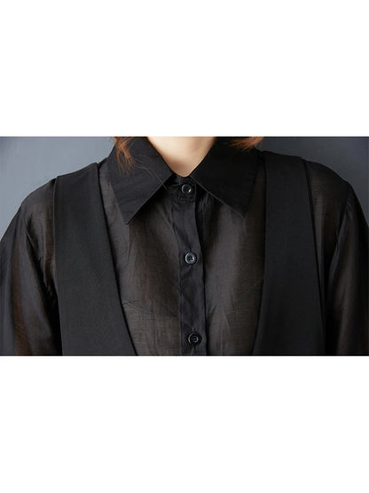 XITAO Pocket Patchwork Solid Color Shirt Dress Collar Short Sleeve Loose Slimming Summer Woman Fake Two Pieces Dress ZMY1298