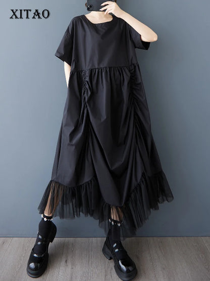 XITAO Loose Folds Female Dress Personality Mesh Irregular Patchwork Women Solid Color Slimming Vintage Pullover Dress ZMY1147