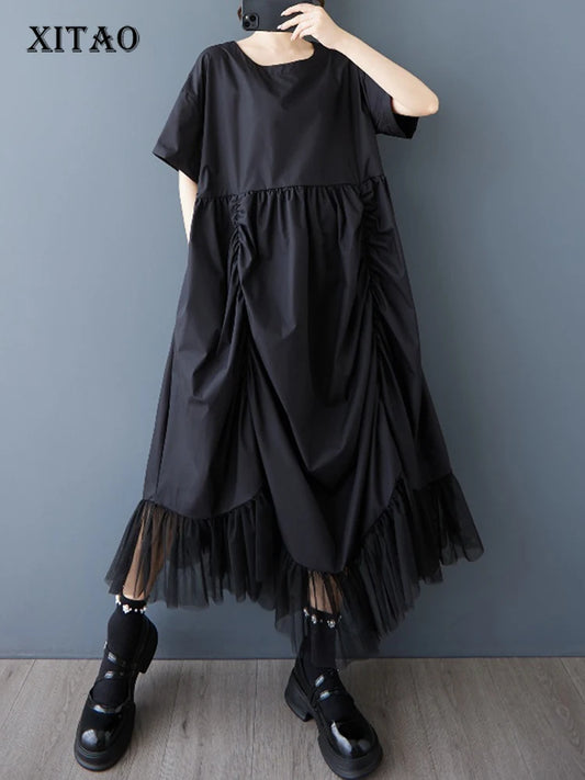XITAO Loose Folds Female Dress Personality Mesh Irregular Patchwork Women Solid Color Slimming Vintage Pullover Dress ZMY1147