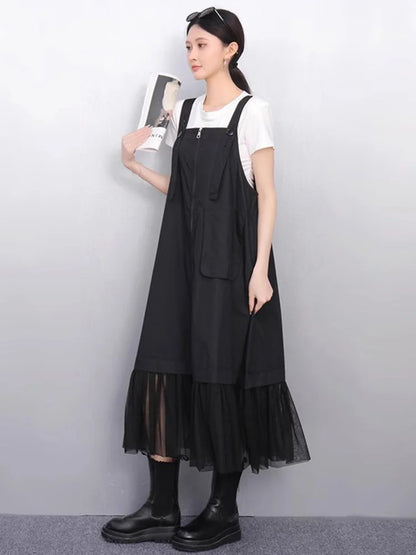 XITAO Zipper Pleated Gauze Dress Pocket Sleeveless Loose Vintage Temperament Patchwork Solid Color Summer Woman Dress ZMY1336