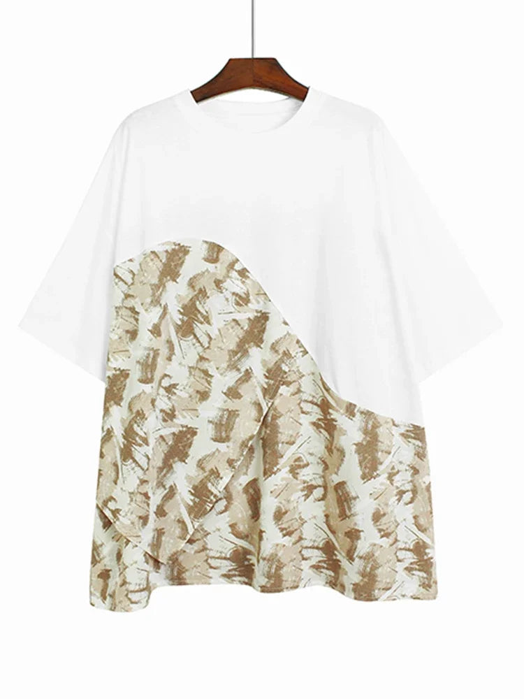 XITAO Patchwork Casual T-Shirt Women Korea 2024 Summer New Arrival Personality Fashion Loose O-neck Short Sleeve T-Shirt DMJ1341