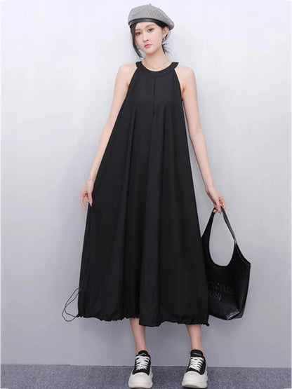 XITAO Pleated Drawstring O-neck Dress Casual A-line Sleeveless Loose Fitting Slimming Solid Color Fashion Summer Dress ZMY1184