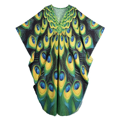 XITAO Batwing Sleeve Print Contrast Color Pullover Dress V-neck Loose New Temperament Ankle-length Women Dress Summer GJ1143