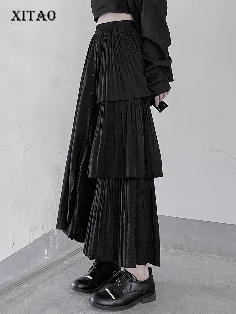 XITAO Folds Irregular Button Skirt Personality Ruffles Patchwork Women Simple Solid Color All-match Elastic Waist Skirt ZMY1077
