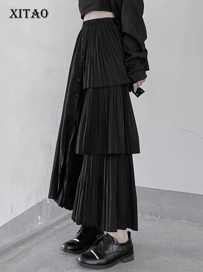 XITAO Folds Irregular Button Skirt Personality Ruffles Patchwork Women Simple Solid Color All-match Elastic Waist Skirt ZMY1077