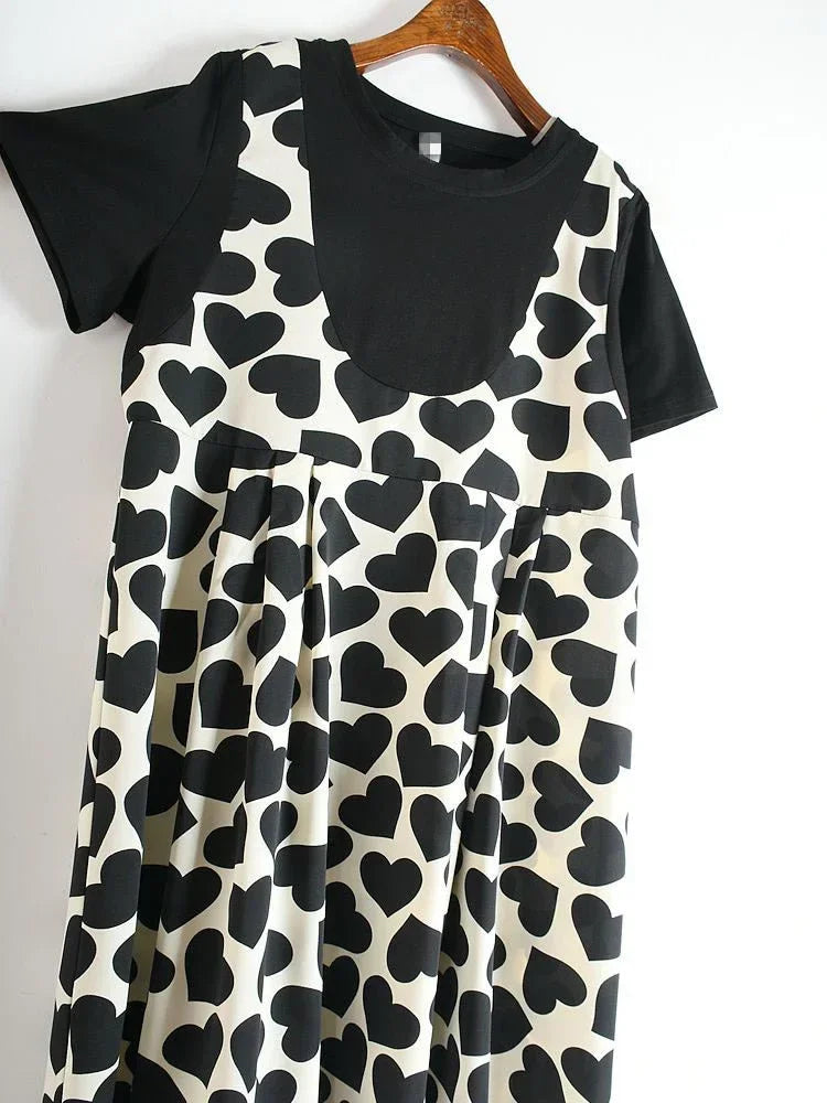 XITAO Patchwork Draped Print Pattern Dress Women Summer Casual Fashion Style Temperament O Neck Short Sleeve Dress ZP1518