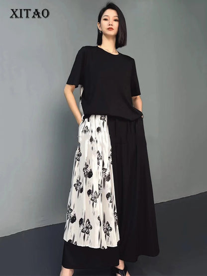 XITAO Butterfly Patchwork Female Sets Pullovers Personality Elegant Print O-neck Wide Leg New Arrival Woman Summer Sets ZMY1284