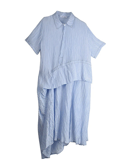 XITAO Irregular Striped Drawstring Dress Turn-down Collar Loose Casual Short Sleeve Personality Summer Woman Dress HQQ2490