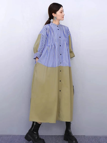 XITAO Loose Stripe Patchwork Female Dress Casual A-line Stand Collar Women Summer Temperament Single Breasted Dress ZMY1390