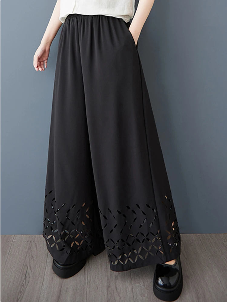 XITAO Hollow Out Wide-leg Elastic Waist Pant Casual Solid Color Slimming Korea New Arrival Personality Spring Women Pant GYX1525