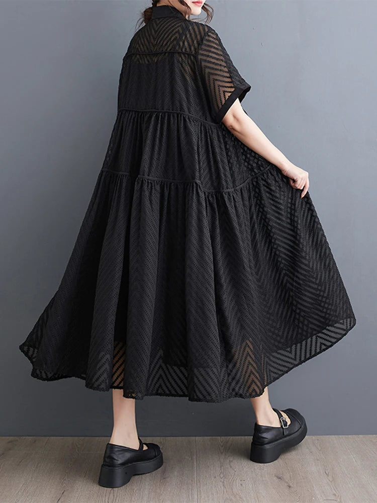XITAO Hollow Out Single Breasted Two-piece Dress Casual A-line Turn-down Collar Korea New Arrival Fashion Women Dress ZMY1144