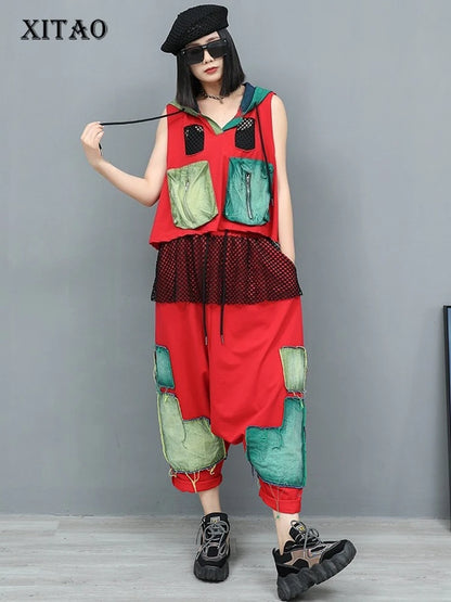 XITAO Patchwork Pocket Contrast Color Hooded Matching Set Casual Loose Fitting Elastic Waist Personality Women Sets GYX1650