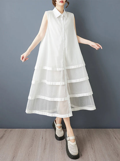 XITAO Patchwork Mesh Turn-down Collar Dress Casual A-line Sleeveless Fashion All Match Single Breasted Women Dress GYX1659