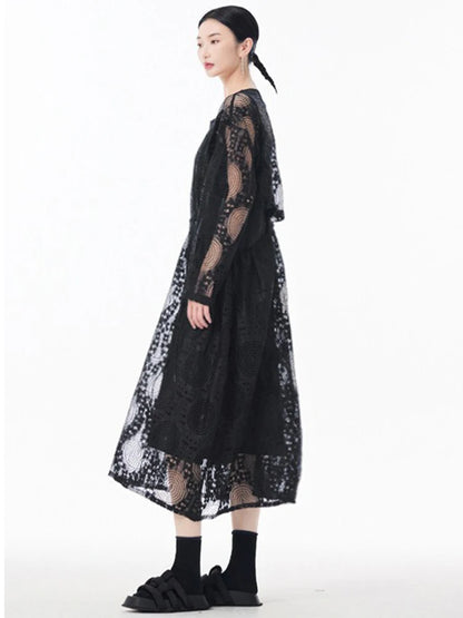 XITAO Embroidery Hollow Out O-neck Dress Casual Full Sleeve A-line Temperament Solid Color French Style Female Dress GYX1541