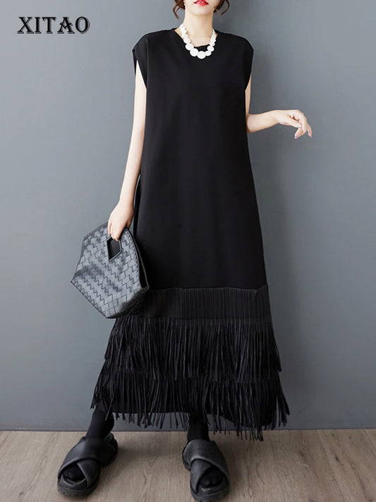 XITAO Patchwork Tassels O-neck Dress Casual Solid Color A-line Sleeveless Personality Pullover New Summer Women Dress ZMY1197