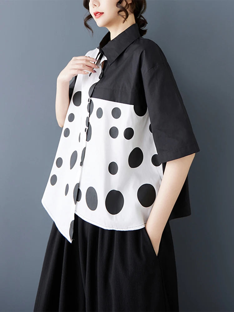 XITAO Patchwork Polka Dot Asymmetric Lapel Shirt Casual Turn-down Collar Short Sleeve Single Breasted Summer Blouse HQQ2453