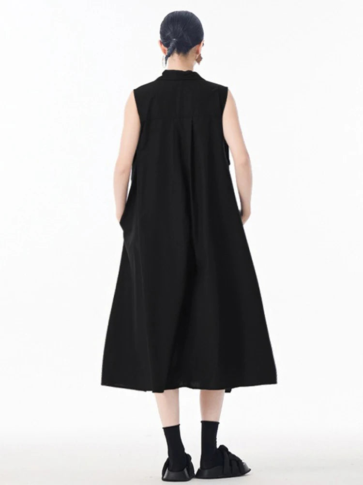XITAO Pleated Zipper Turn-down Collar Dress Sleeveless A-line Patchwork Solid Color Simple Casual Summer Women Dress ZMY1051