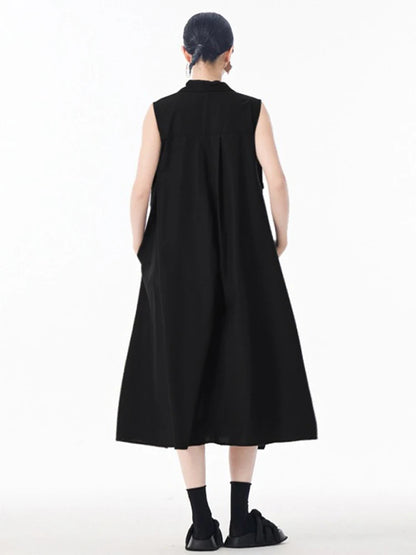 XITAO Pleated Zipper Turn-down Collar Dress Sleeveless A-line Patchwork Solid Color Simple Casual Summer Women Dress ZMY1051
