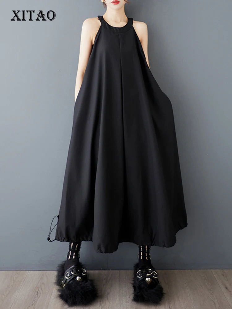 XITAO Pleated Drawstring O-neck Dress Sleeveless A-line Simple Solid Color Personality Pullover Summer Women Dress ZMY1161