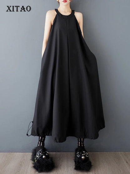 XITAO Pleated Drawstring O-neck Dress Sleeveless A-line Simple Solid Color Personality Pullover Summer Women Dress ZMY1161