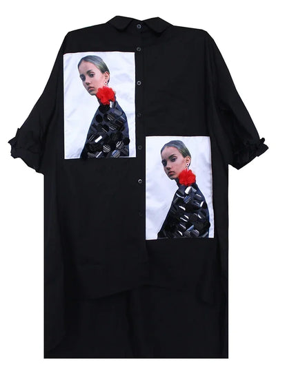 XITAO Print Pattern Blouse Fashion New Women Single Breast Irregular Black Pleated Goddess Fan Casual Shirt WMD1596