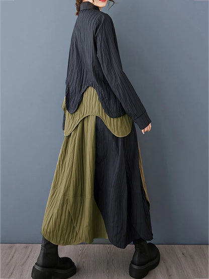 XITAO Irregular Patchwork Single Breasted Matching Set Vintage Elastic Waist Full Sleeve Casual A-line Female Set GMM1334