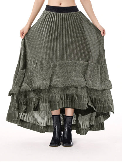 XITAO Asymmetrical Fold Patchwork Skirts Elastic Waist Solid Color A-line Loose Vintage Slimming Temperament Skirt GYX1517
