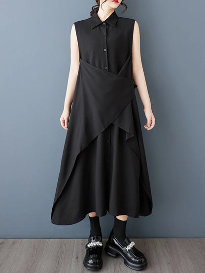 XITAO Patchwork Single Breasted Lapel Dress Casual Solid Color Sleeveless Fashion Loose Fitting Sweet Spring Women Dress GYX1530