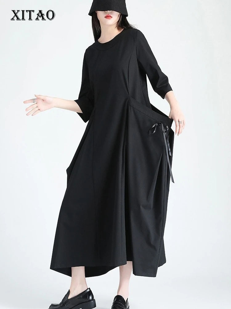 XITAO Pocket Patchwork Bandage Solid Color Dress O-neck Pullover Loose Half Sleeve Ankle-length Slim Temperament Dress HQQ2514