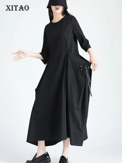 XITAO Pocket Patchwork Bandage Solid Color Dress O-neck Pullover Loose Half Sleeve Ankle-length Slim Temperament Dress HQQ2514