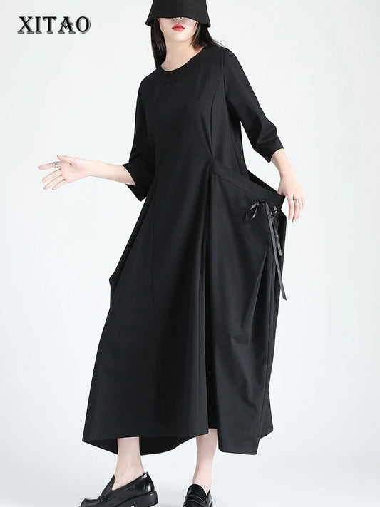 XITAO Pocket Patchwork Bandage Solid Color Dress O-neck Pullover Loose Half Sleeve Ankle-length Slim Temperament Dress HQQ2514