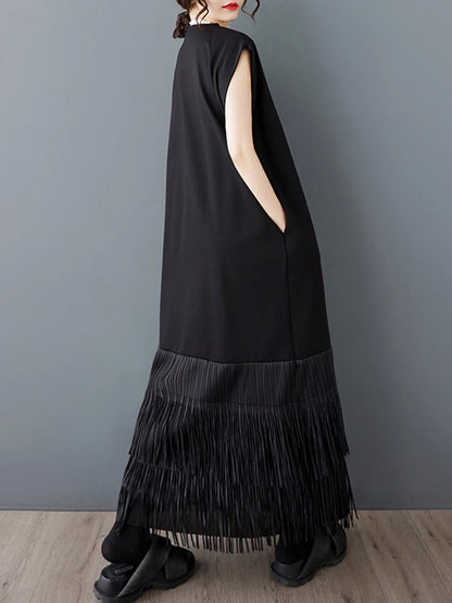 XITAO Patchwork Tassels O-neck Dress Casual Solid Color A-line Sleeveless Personality Pullover New Summer Women Dress ZMY1197