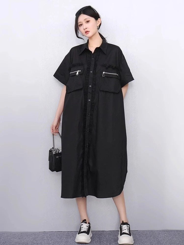 XITAO Patchwork Pocket Contrast Color Dress Turn-down Collar Single Breasted A-line Loose Fitting Simple Summer Dress ZMY1371