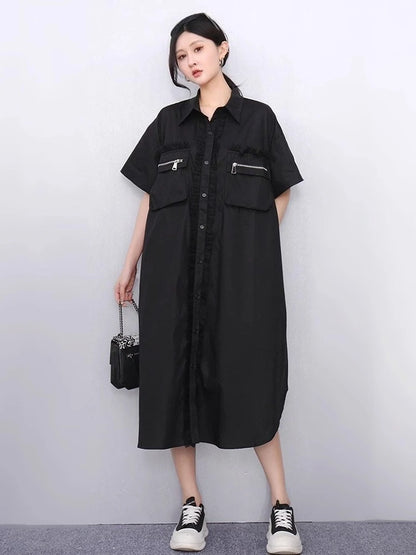 XITAO Patchwork Pocket Contrast Color Dress Turn-down Collar Single Breasted A-line Loose Fitting Simple Summer Dress ZMY1371
