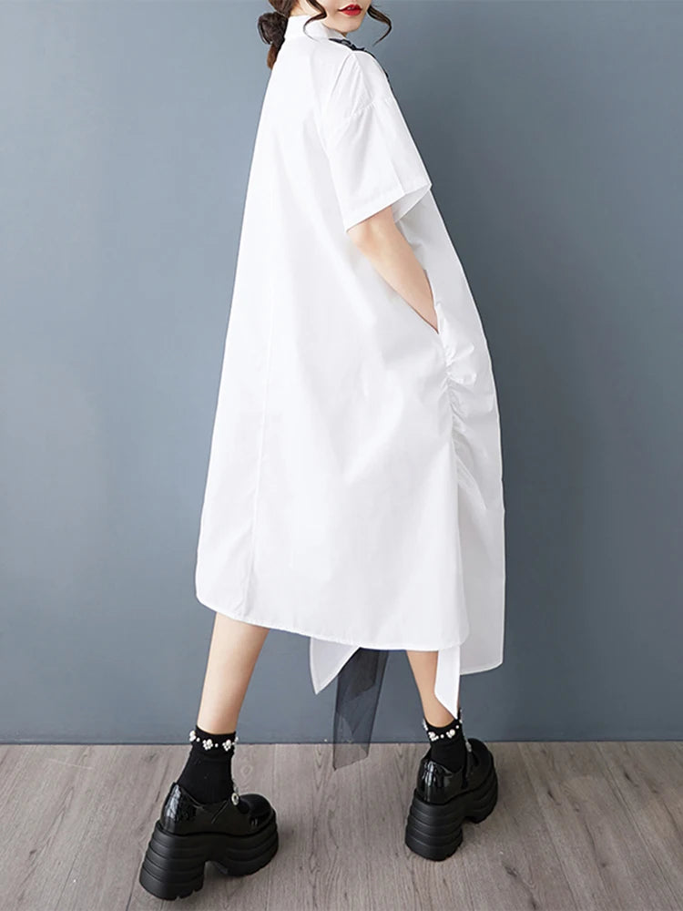 XITAO Asymmetric Pleated Mesh Single Breasted Dress Turn-down Collar Solid Color A-line Sweet Summer Women Dress GYX1625