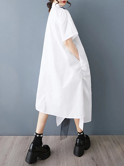 XITAO Asymmetric Pleated Mesh Single Breasted Dress Turn-down Collar Solid Color A-line Sweet Summer Women Dress GYX1625