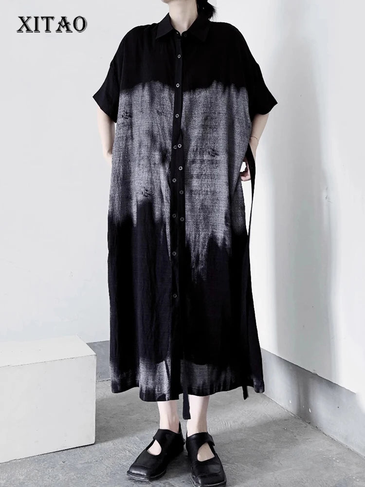 XITAO Casual Contrast Color Dress Personality Button Women Summer Simple Short Sleeve Slimming Loose Shirt Dress ZMY1141