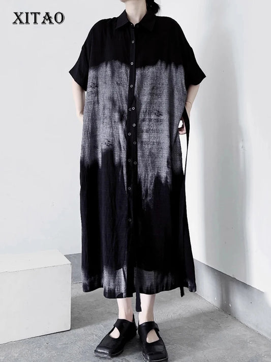 XITAO Casual Contrast Color Dress Personality Button Women Summer Simple Short Sleeve Slimming Loose Shirt Dress ZMY1141