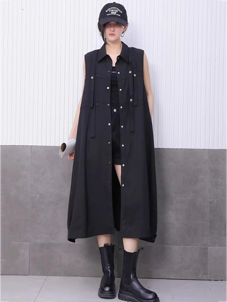 XITAO Single Breasted Turn-down Collar Dress Casual Solid Color Sleeveless A-line Fashion Ribbon Summer Women Dress HQQ2479