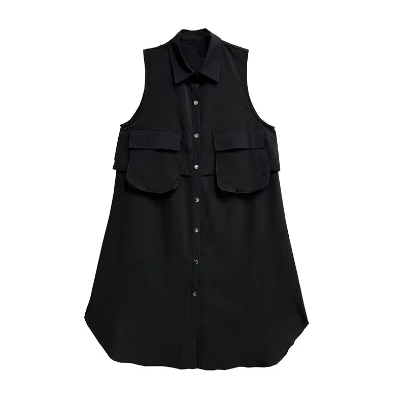 XITAO Single Breasted Turn-down Collar Pocket Dress Casual Loose Fitting Personality Fashion Korea Summer Female Dress ZMY1193