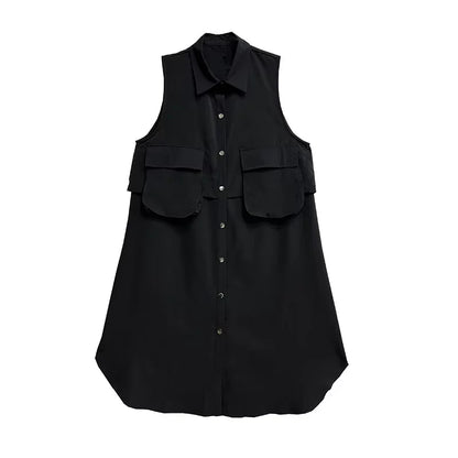 XITAO Single Breasted Turn-down Collar Pocket Dress Casual Loose Fitting Personality Fashion Korea Summer Female Dress ZMY1193