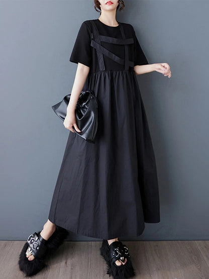 XITAO Asymmetric Pleated Patchwork O-neck Dress Casual Loose Fitting A-line Short Sleeve Thin Pullover Women Dress ZMY1044